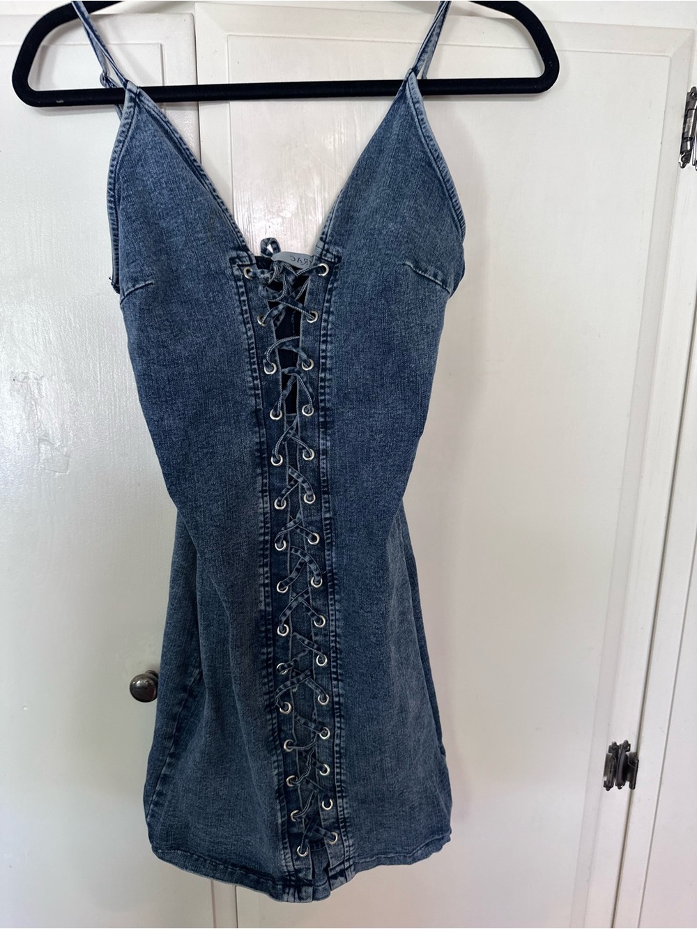 Trac Washed Blue Denim Lace-Up Mini Dress